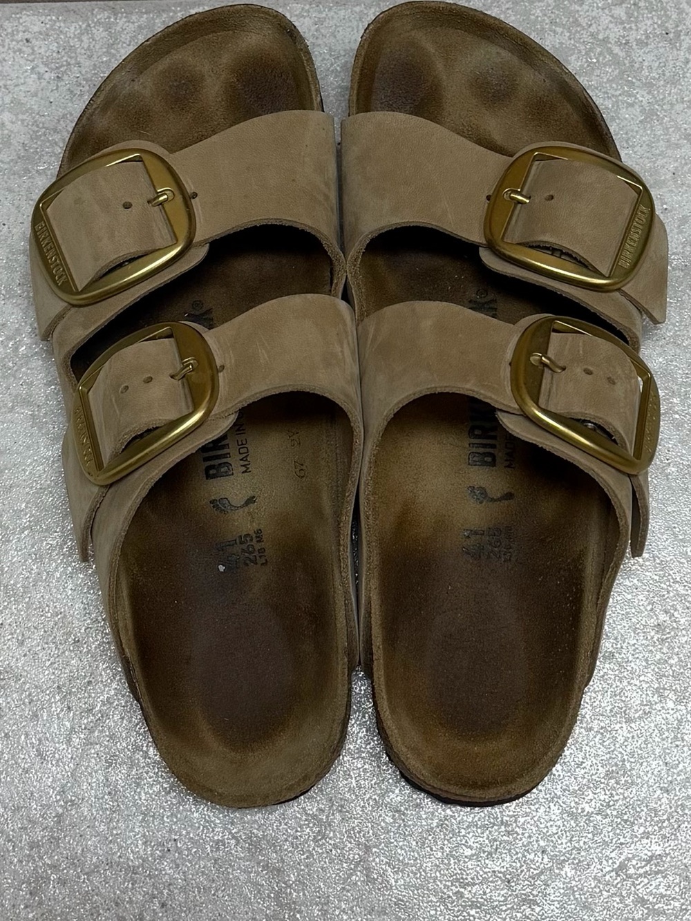 Birkenstock Arizona Double Strap Sandals in Taupe with Gold Buckles